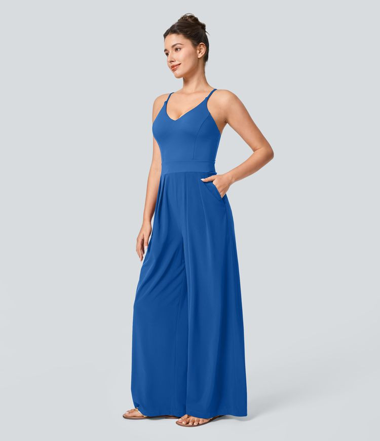 Women’s Breezeful™ Backless Side Invisible Zipper Pocket Wide Leg Quick Dry Resort Slip Jumps... | HALARA