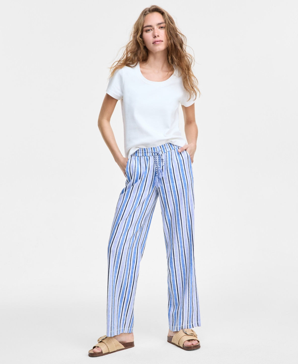 Liverpool Los Angeles Women's Drawstring Wide-Leg Pull-On Pants - White/blue Multi Stripe | Macy's