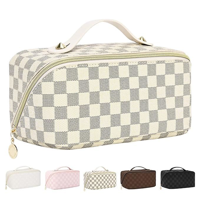 SOIDRAM Large Capacity Travel Cosmetic Bag Makeup Bag Checkered Leather Makeup Bag Organizer Wome... | Amazon (US)