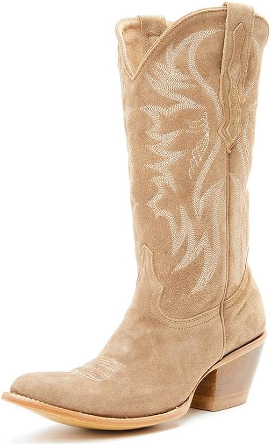 KaroNairy Women Cowboy Boots Faux Suede Embroidered Pointed Thick Heeled Western Wide Calf Cowgir... | Amazon (US)