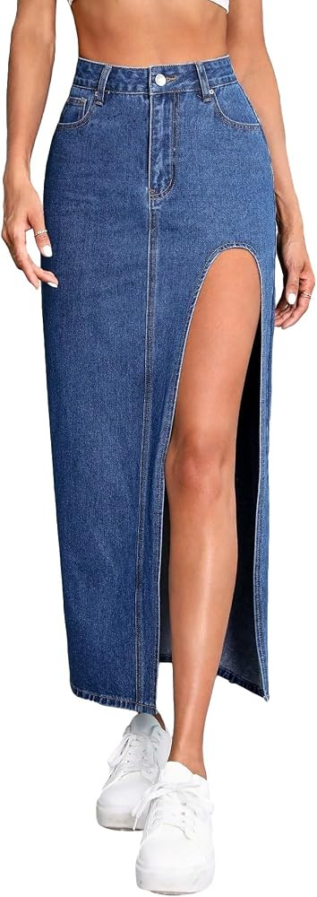 COZYEASE Women's High Waist Zipper Fly Split Thigh Maxi Denim Jean Skirt with Pockets Dark Wash L... | Amazon (US)