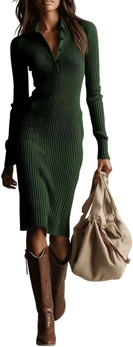 chouyatou Women's Fall Ribbed Knit Sweater Dress Button Up Polo Collar Long Sleeve Bodycon Midi Long Dresses | Amazon (US)