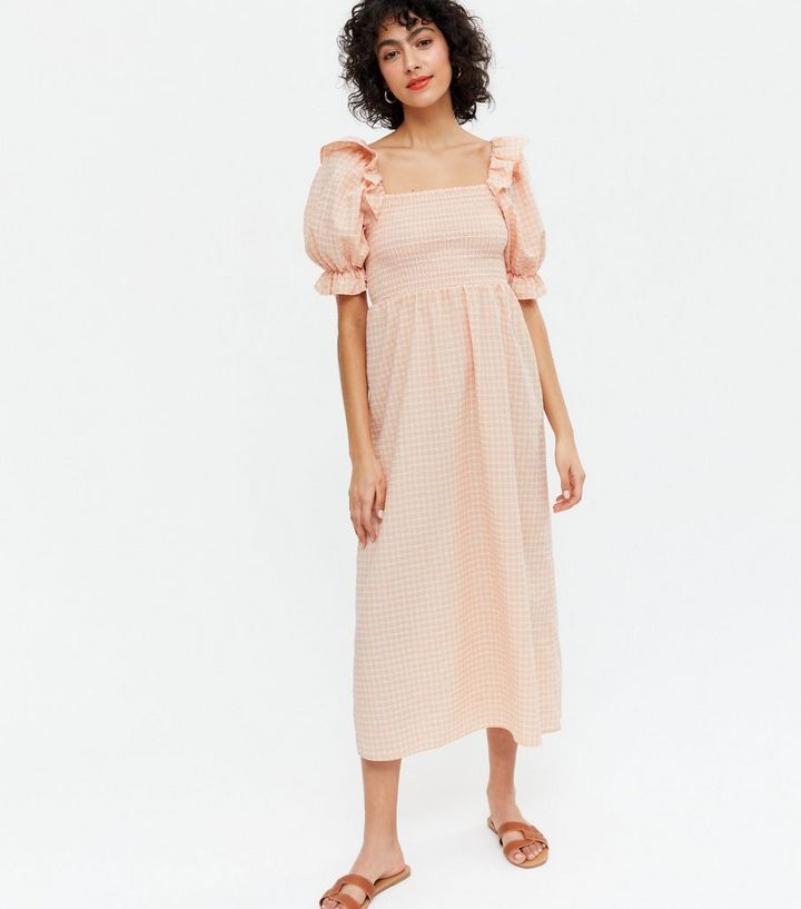 Orange Gingham Square Neck Midi Dress
						
						Add to Saved Items
						Remove from Saved Ite... | New Look (UK)