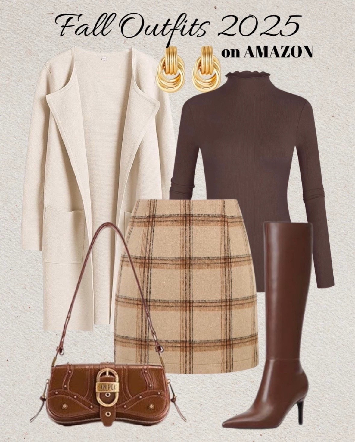 🍁 Fall Outfits 2025 on Amazon 🍁
Get inspired with this chic and cozy fall look featuring all Amazon finds! This outfit includes a cream open-front coat, a chocolate brown ruffle-neck long sleeve top, a beige plaid mini skirt, and tall brown heeled boots for the ultimate fall aesthetic. Paired with a vintage-style brown shoulder bag and gold statement earrings — this is the perfect outfit for pumpkin patches, coffee dates, or city strolls.
👜✨ Shop the full look on Amazon now!

#FallFashion2025 #AmazonFinds #FallOutfitInspo #PlaidSkirt #FallStyle #AmazonFashion #OOTD #FallWardrobe #NeutralOutfit #FallVibes #ChicStyle #PinterestFashion #OutfitIdeas #AmazonStyle #AutumnLook