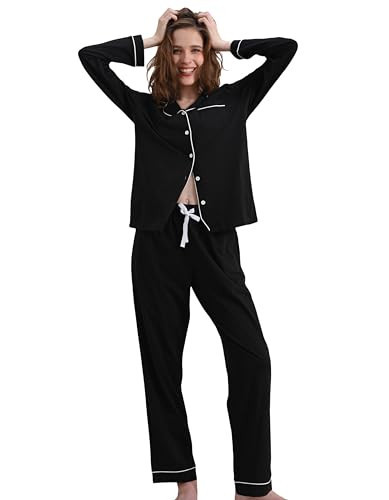 NAP BOUND 100% Cotton Pajamas for Women Set 2 Piece Black S Button Down PJs Long Sleeve Soft Breathable Loungewear (Black,S) | Amazon (US)