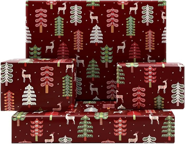 Festive Rustic Elegant Adorable Christmas Trees and Reindeer in Forest Burgundy Wrapping Paper 4 ... | Amazon (US)