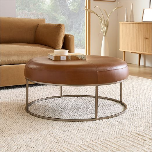 Box Frame Round Leather Ottoman | West Elm (US)