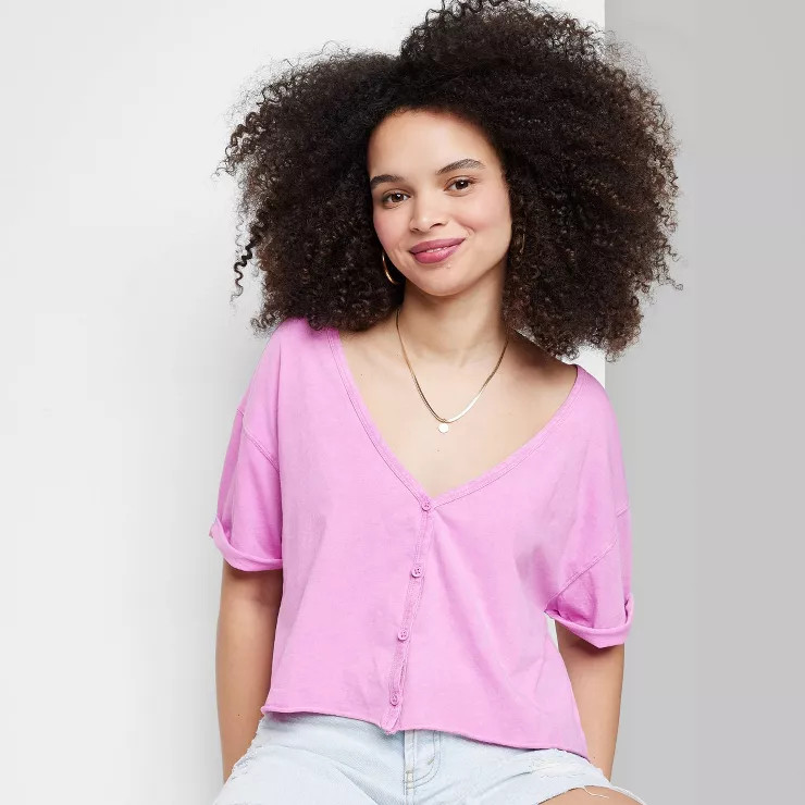 Women's Short Sleeve Button-Front V-Neck Cropped Boxy T-Shirt - Wild Fable™ | Target