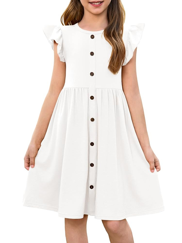 Amazon.com: Haloumoning Girls Dress Kids Flutter Sleeve A-Line Button Down Sundress Casual Midi D... | Amazon (US)