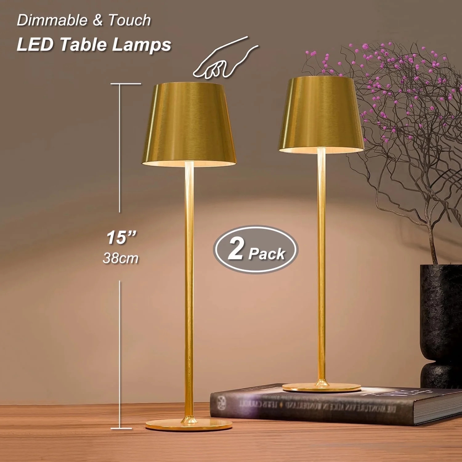 Postlucky 2 Pack 15" Cordless Rechargeable Table Lamp, 3 Colors Dimmable Touch Lamp for Restauran... | Walmart (US)