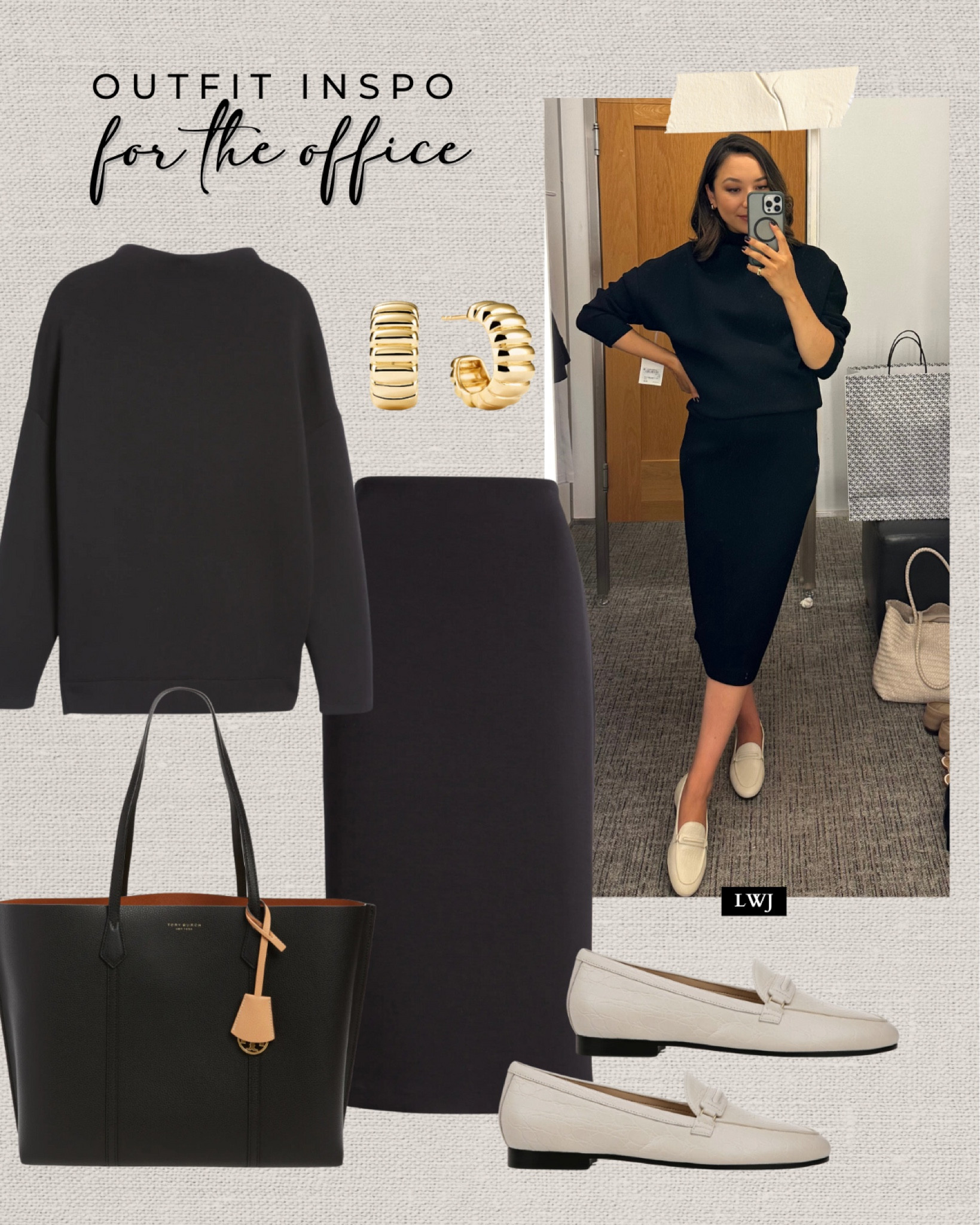 Week of workwear: for the office / maternity-friendly 

Workwear / Nordstrom / smart casual / bump-friendly / black mockneck sweater / black midi skirt / black tote bag / cream loafers / gold jewelry 

#LTKSeasonal #LTKWorkwear #LTKStyleTip