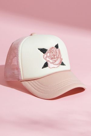 Rose Embroidered Trucker Hat in Cream & Pink | Altar'd State | Altar'd State