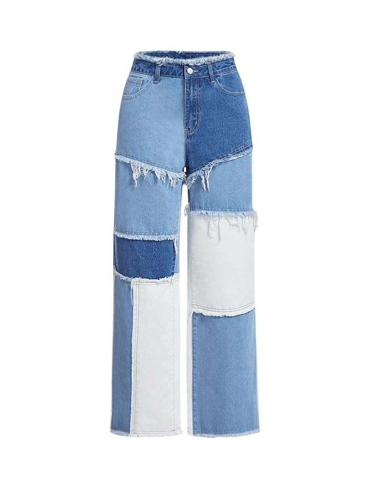WDIRARA Women's Color Block Patchwork Jeans Raw Trim Zipper Fly Straight Leg Denim Pants | Amazon (US)
