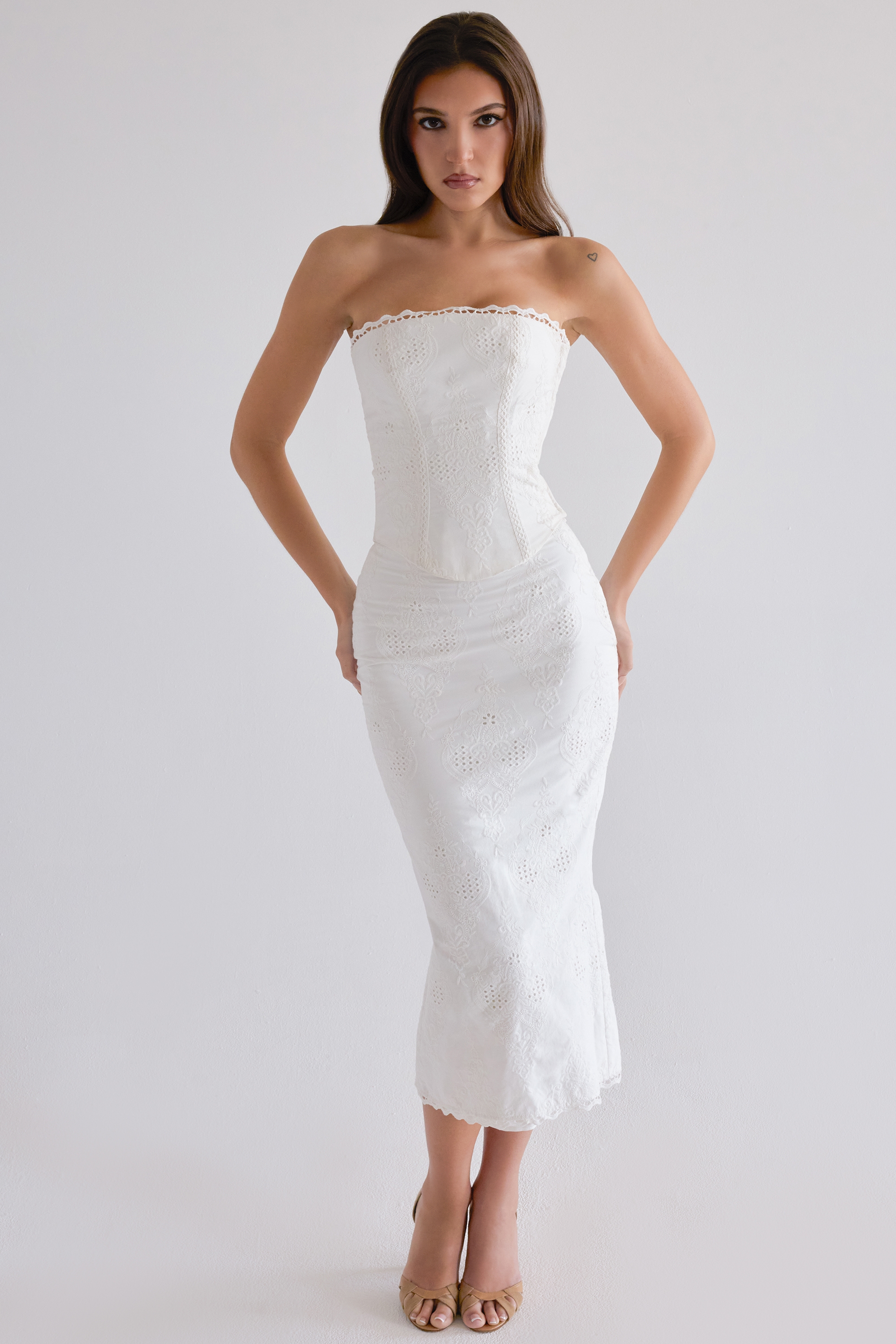 white cotton broderie anglaise midi skirt | House of CB