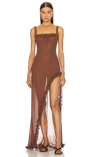 Sheer Ruffled Long Dress in Chocolate Brown | Revolve Clothing (Global)
