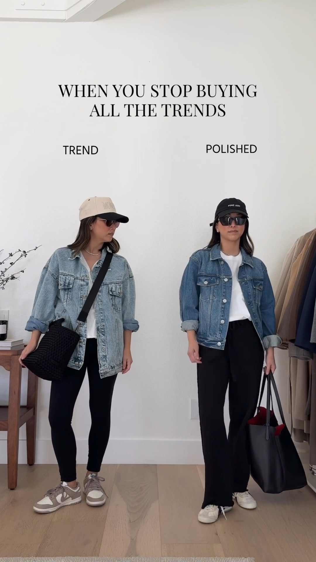 Trend vs. Polished: Denim jacket and leggings. 

AYR Denim jacket small
Madewell tee xs
Frank & Eileen Sweatpants small - my exact length is old
Onitsuka Tiger sneakers 4 mens - run a half size big
Mansur Gavriel tote
Fine Art hat - old
Quince earrings
Dorsey James necklace 15"

Spring outfits 2026, denim jacket, petite style 

#LTKSeasonal #LTKmomlife #LTKPetite