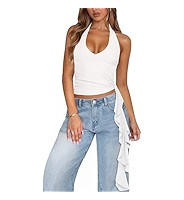 Womens Going Out Tops for Women Open Back Tie Halter Top Mesh Deep V Neck Tank Tops Club Vacation Outfits | Amazon (US)