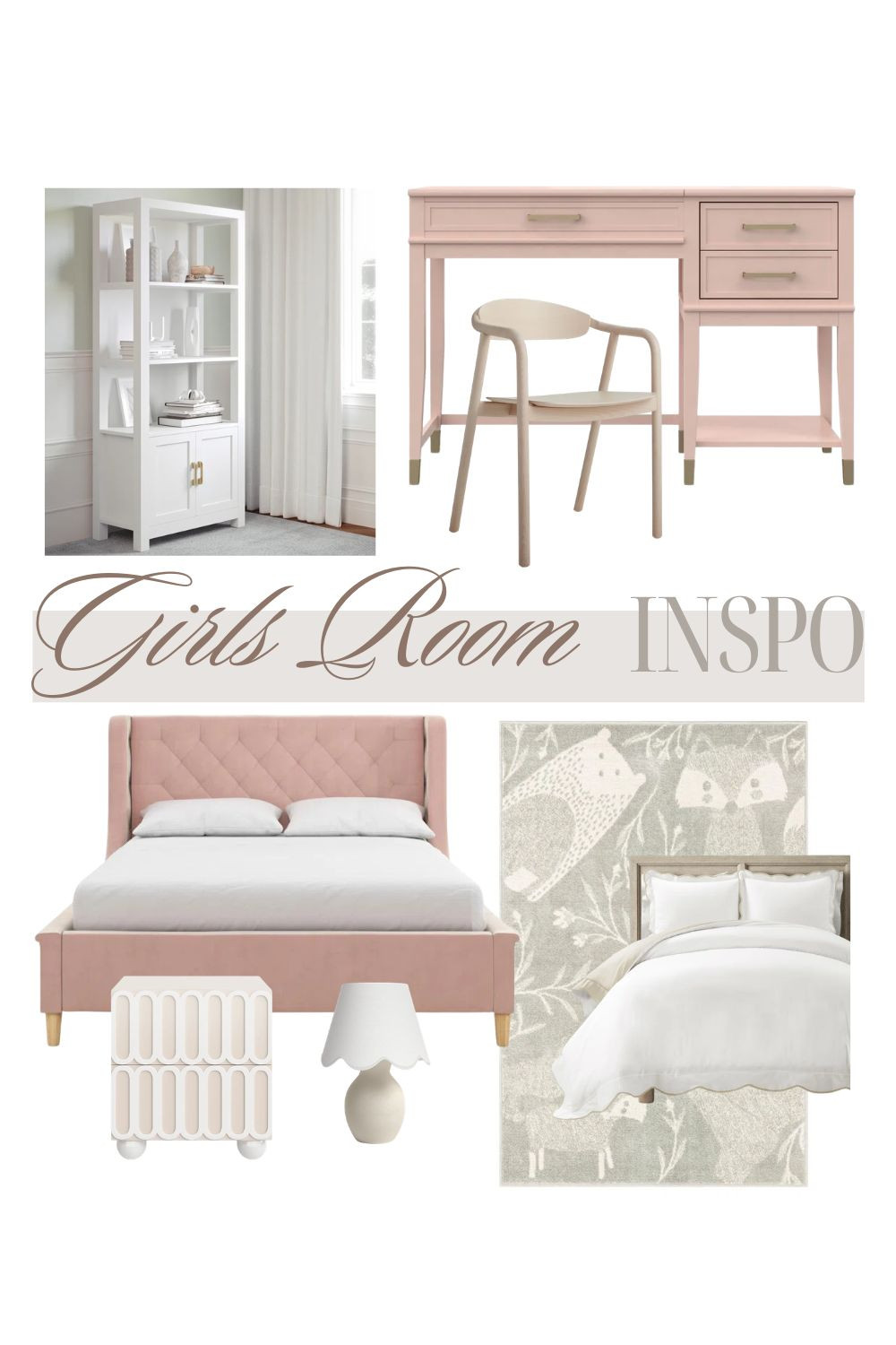 Design a dreamy and sophisticated space with this girls room mood board that blends a soft palette with an organic modern touch. This curated selection focuses on evergreen furniture pieces that grow with your child, maintaining a quiet luxury aesthetic that feels both playful and polished.

The room features a stunning pink velvet tufted bed and a matching blush pink desk, creating a cohesive and elevated focal point. To balance the soft tones, we’ve included a sculptural scalloped nightstand, a minimalist mushroom lamp, and a clean white bookshelf for a refined, editorial look. A whimsical patterned area rug and crisp scalloped bedding add the perfect finishing textures to this high-end kids' room refresh.
#girlsroom #organicmodern 

 

#LTKkids #LTKsale #LTKhome
