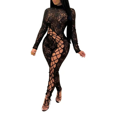 Listenwind Women Wrapped Lace Romper Long Sleeve High Neck Bandage Cutout Drawstrings Black Jumpsuit | Walmart (US)