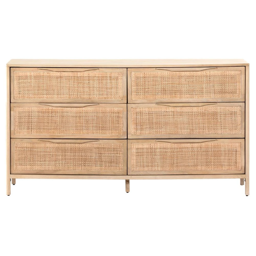 Rhian Coastal Beach Brown Mango Wood Frame Natural Woven Cane 6 Drawer Double Dresser | Kathy Kuo Home