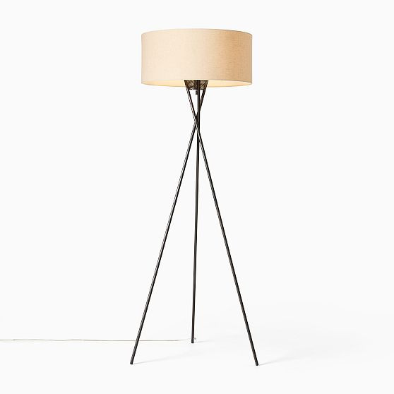 Mid-Century Metal Tripod Floor Lamp Antique Bronze Natural Linen (66"") | West Elm (US)