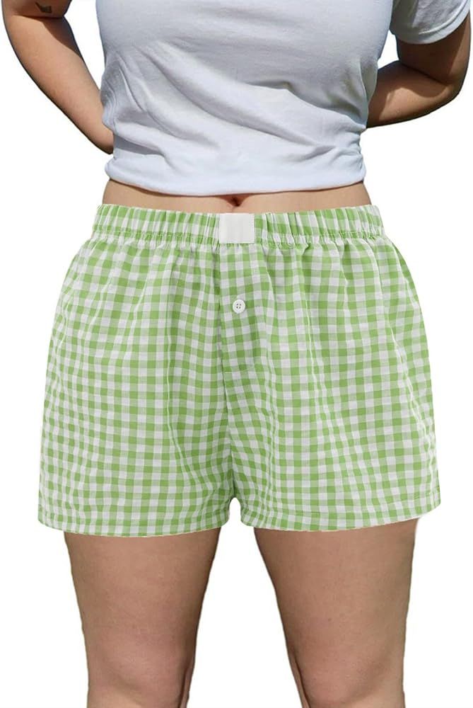 Y2k Plaid Boxer Shorts for Women Elastic Waist Pajama Shorts Button Front Lounge Shorts Cute Slee... | Amazon (US)