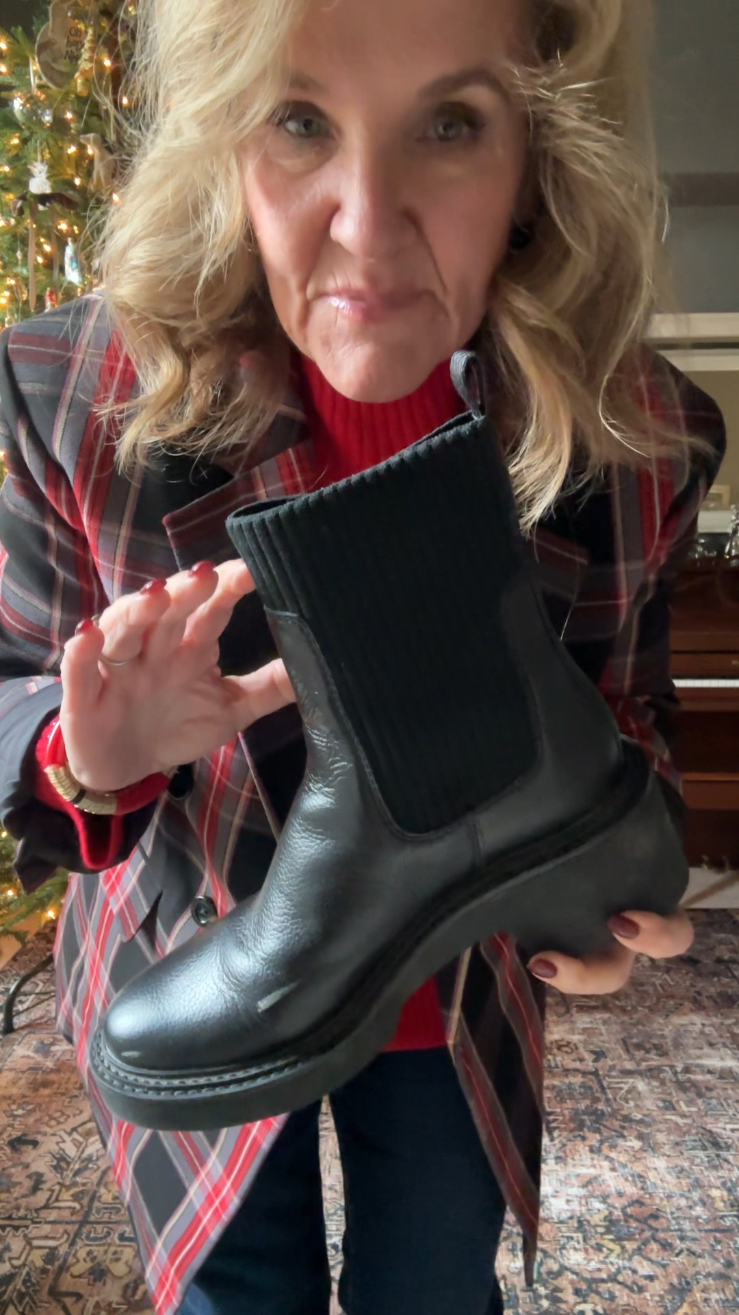 im loving these black Chelsea boots! True to size, I always order a 1/2 size up in boots. They are waterproof with a soft sock shaft. 

Highly recommend! 

20% off Allie+Bess jewelry code NANETTE20 12/11 from 8-9 CST 50% off with code NANETTE50 

Winter boots plaid blazer, red turtleneck sweater, Slim, straight jeans, J.Crew factory jeans, and Taylor blazer LOFT sweater

#LTKShoeCrush #LTKOver40 #LTKSeasonal