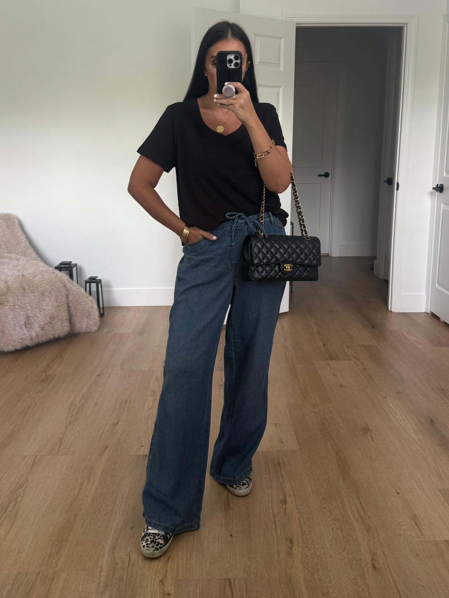 Walmart Finds. No Boundaries Mini Waistband Wide Leg Pants wearing size medium only $15. Time and Tru Women's Cotton V-Neck Tee with Short Sleeves wearing size large only $4. Golden Goose Sneakers