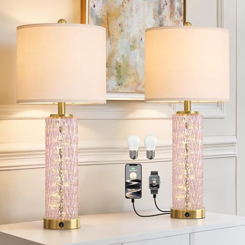 Oneach 27.75" Modern Table Lamps Set of 2, Pink Bedside Lamp with Class Nightlight, USB A+C, Unique Desk Lamps for Living Room, Bedroom, Nightstand, End Table (2 Bulbs Included) | Amazon (US)