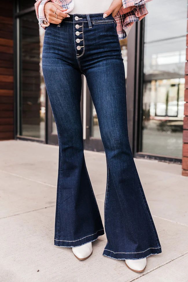 Whitney Button Front Dark Wash Flare Jeans | The Pink Lily Boutique