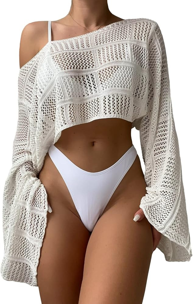 COZYEASE Women's Hollow Out Crop Bikini Cover Up White Crochet Top White Beach Sweater Amazon Tops | Amazon (US)