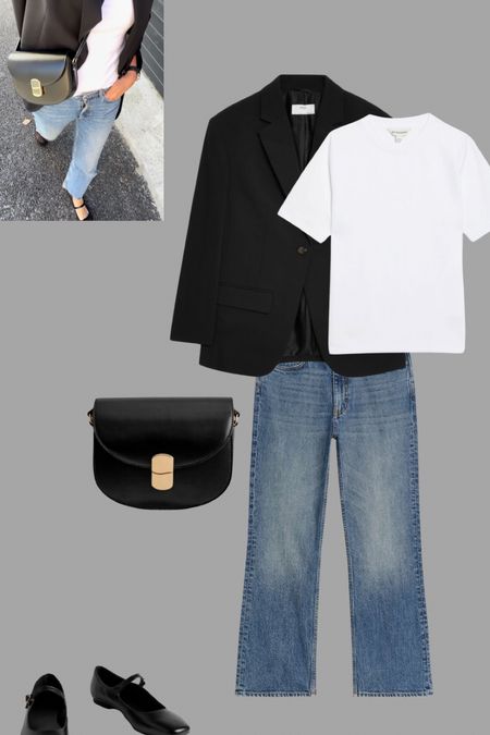 The most classic combo of white tee, jeans and an oversized black blazer. Works every time.