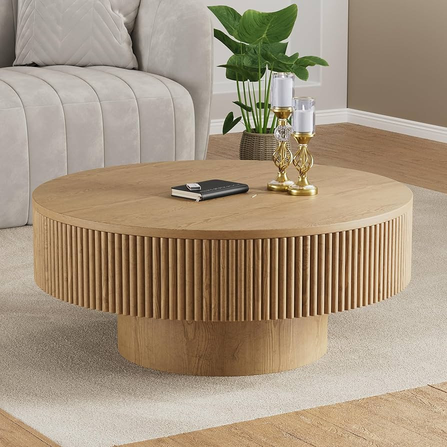 YOUDENOVA 31.5” Round Fluted Coffee Table, Modern Wood Circle Coffee Table, Veneer Handcrafted ... | Amazon (US)