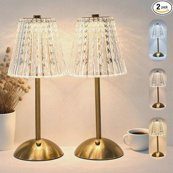 2 Pack Crystal Table Lamp, 5000mAh Rechargeable Battery Lamp with Touch Control, 3 Color Temperat... | Amazon (US)