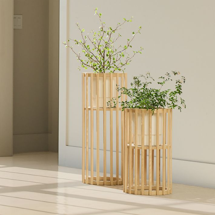 Slatted Wood Pedestal Plant Stands | West Elm (US)