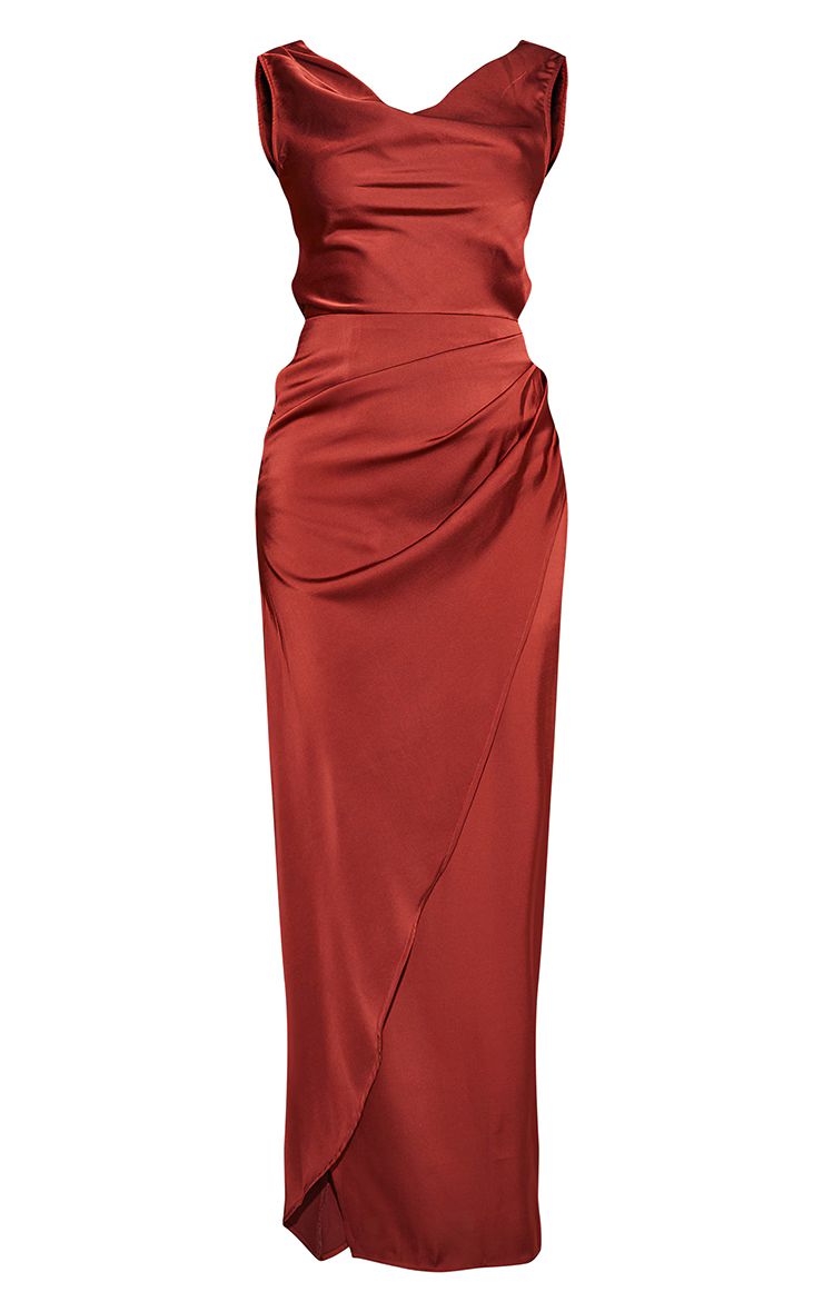 Burgundy Satin Cowl Neck Draped Maxi Dress | PrettyLittleThing US