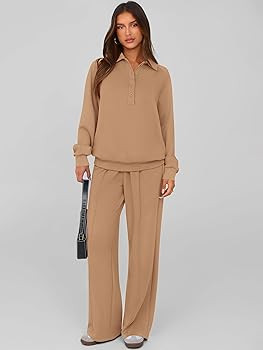 PRETTYGARDEN Women Fall 2 Piece Outfits Sweatsuits Quarter Button Long Sleeve Sweatshirt Wide Leg... | Amazon (US)