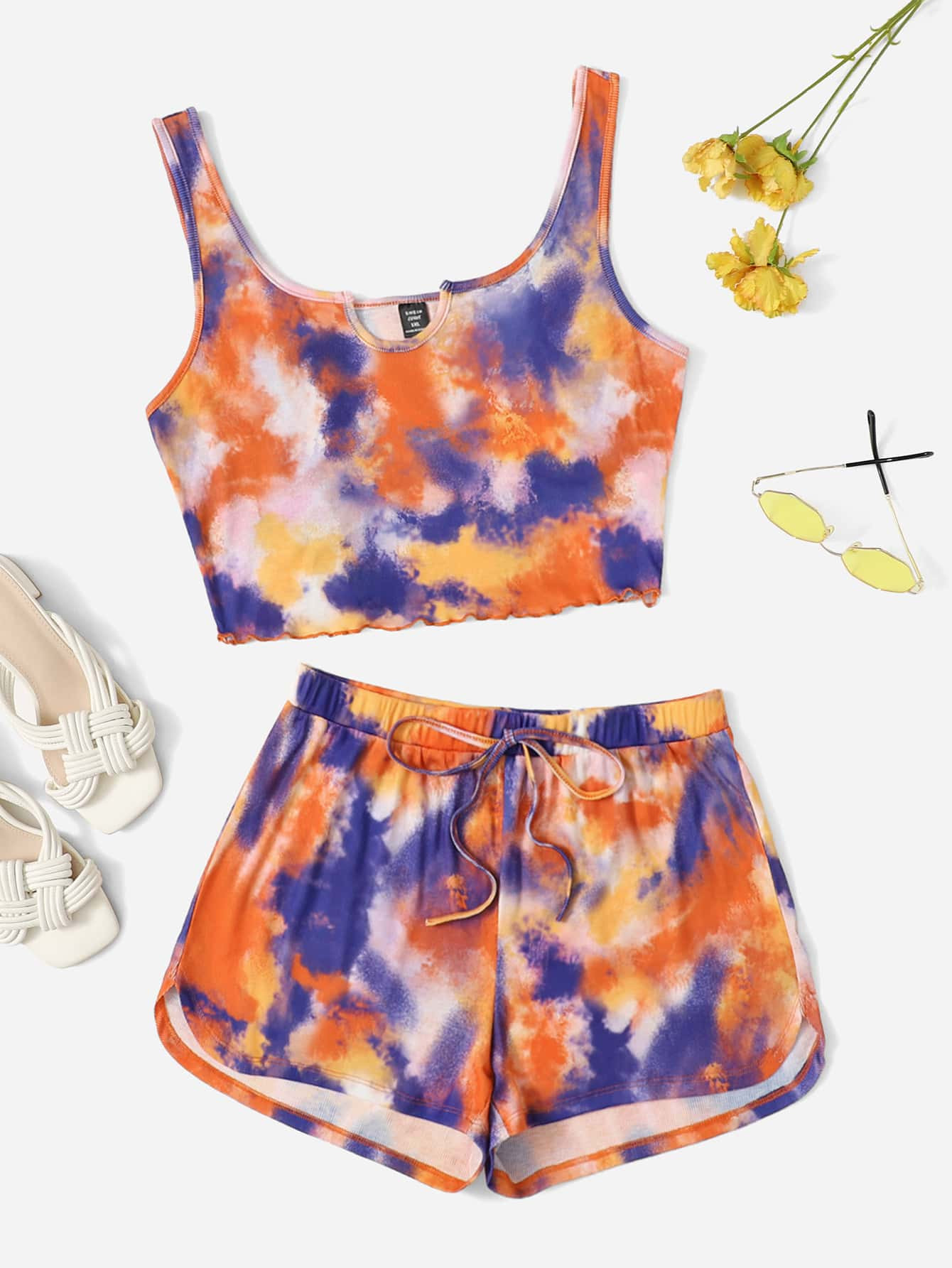 SHEIN Plus Tie Dye Notch Neck Tank Top & Track Shorts Set | SHEIN