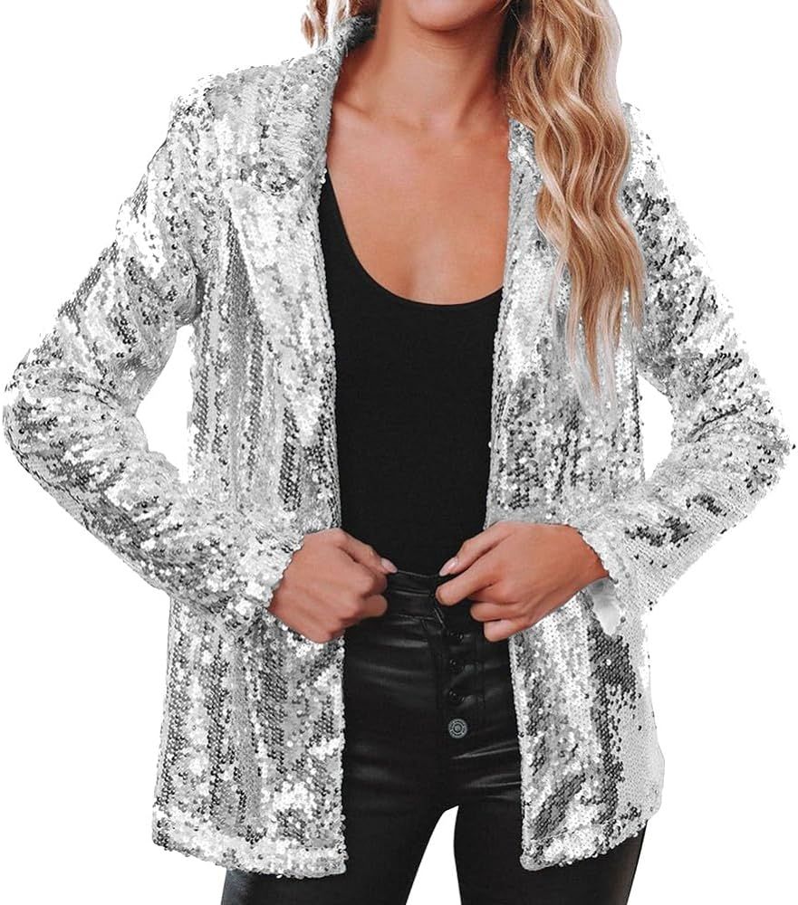 Ladyful Womens Sequin Blazer Jacket Open Front Long Sleeve Sparkly Glitter Party Cardigan Coat | Amazon (US)
