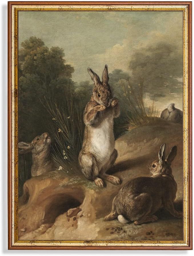 Vintage Rabbit Painting, Antique Bunnies Print, Rustic Animal Art, Farmhouse Decor, Fine Art, Vin... | Amazon (US)