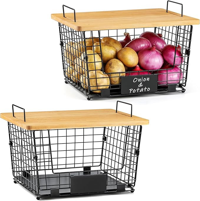 2 Set XXL Stackable Wire Basket with Bamboo Tops & Tag- Pantry Organizer and Storage Bins, Kitche... | Amazon (US)