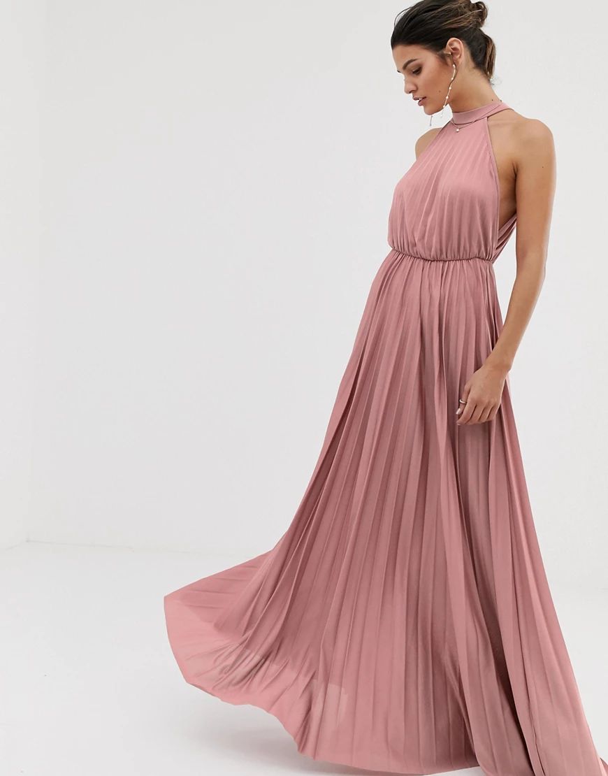 ASOS DESIGN halter pleated waisted maxi dress-Pink | ASOS (Global)
