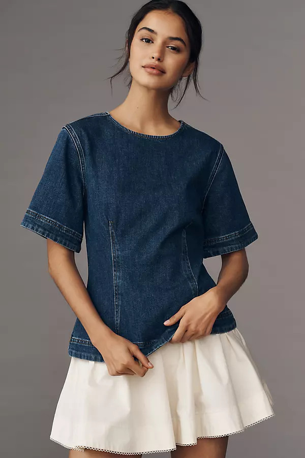 Cheer Short-Sleeve Structured Denim Top | Anthropologie (US)