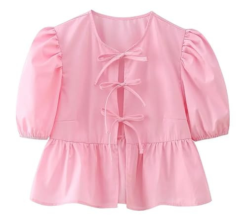 LAPRBY Tie Front Top Blouse Peplum Top Puff Sleeve Leopard Print Cheetah Print Bow Top Coquette Summer Trendy 2024 (Pink,Small) | Amazon (US)