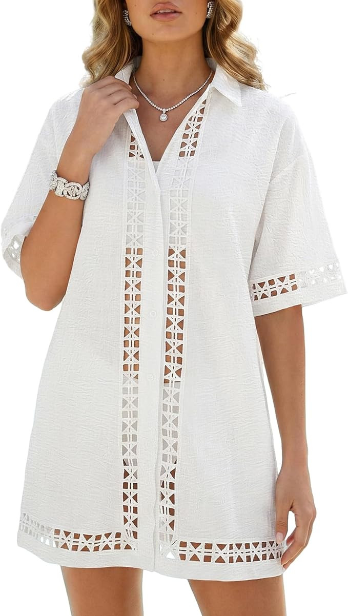 Bsubseach Swimsuit Coverup for Women Boho Beach Bathing Suit Cover Up Shirt Geometric Eyelet Butt... | Amazon (US)