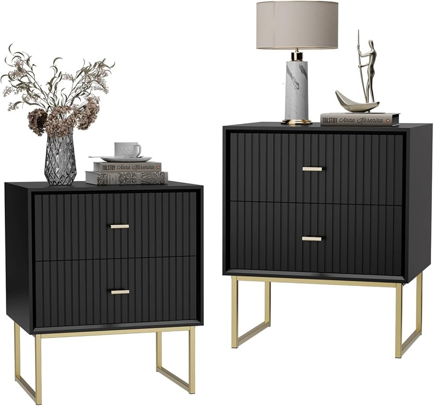 UEV Black Nightstand Set of 2,Modern Grooved Stripes Bed Side Table with 2 Drawers,Wood End Table... | Amazon (US)