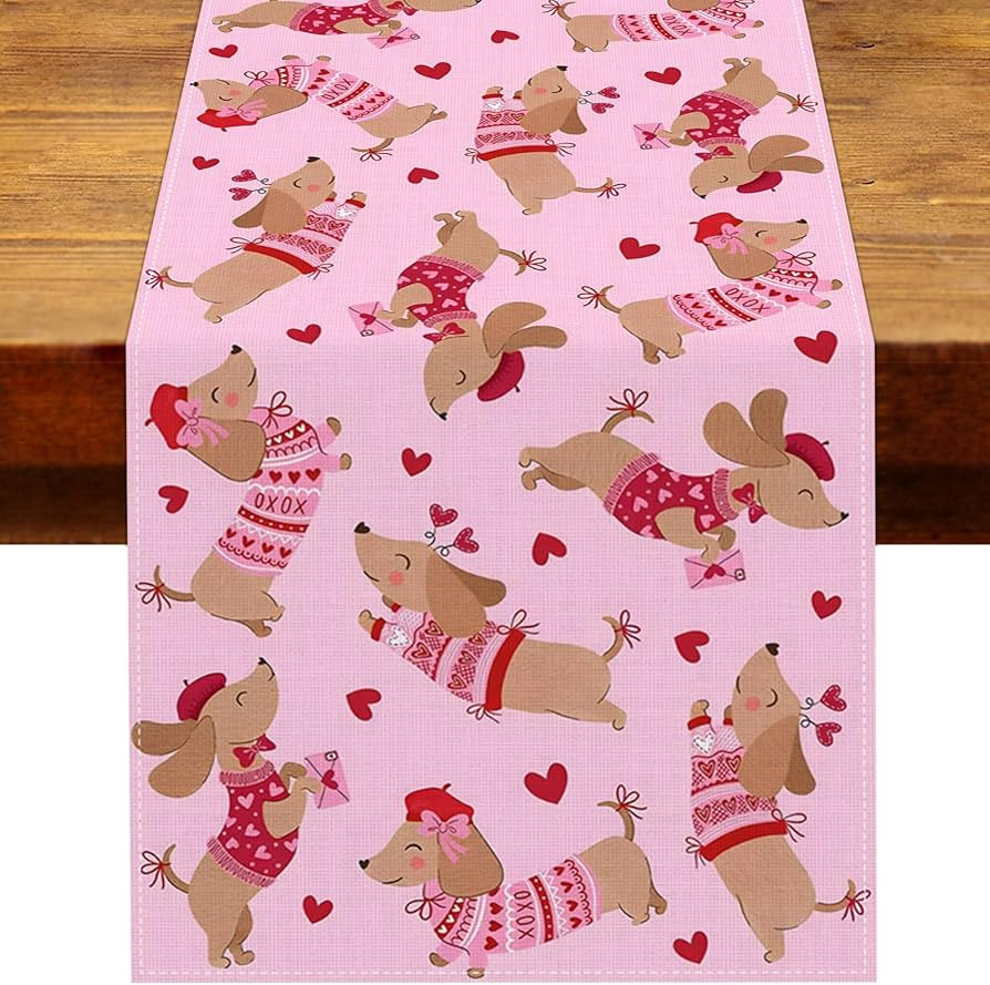 Heyfary Valentine's Day Dachshund Table Runner Cute Sausage Wiener Dog Pet Lover Romantic Heart D... | Amazon (US)