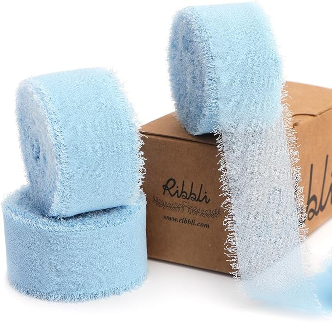 Ribbli Baby Blue Ribbon 1 Inch x 3 Rolls Total 24 Yards Light Blue Handmade Fringe Chiffon Silk R... | Amazon (US)