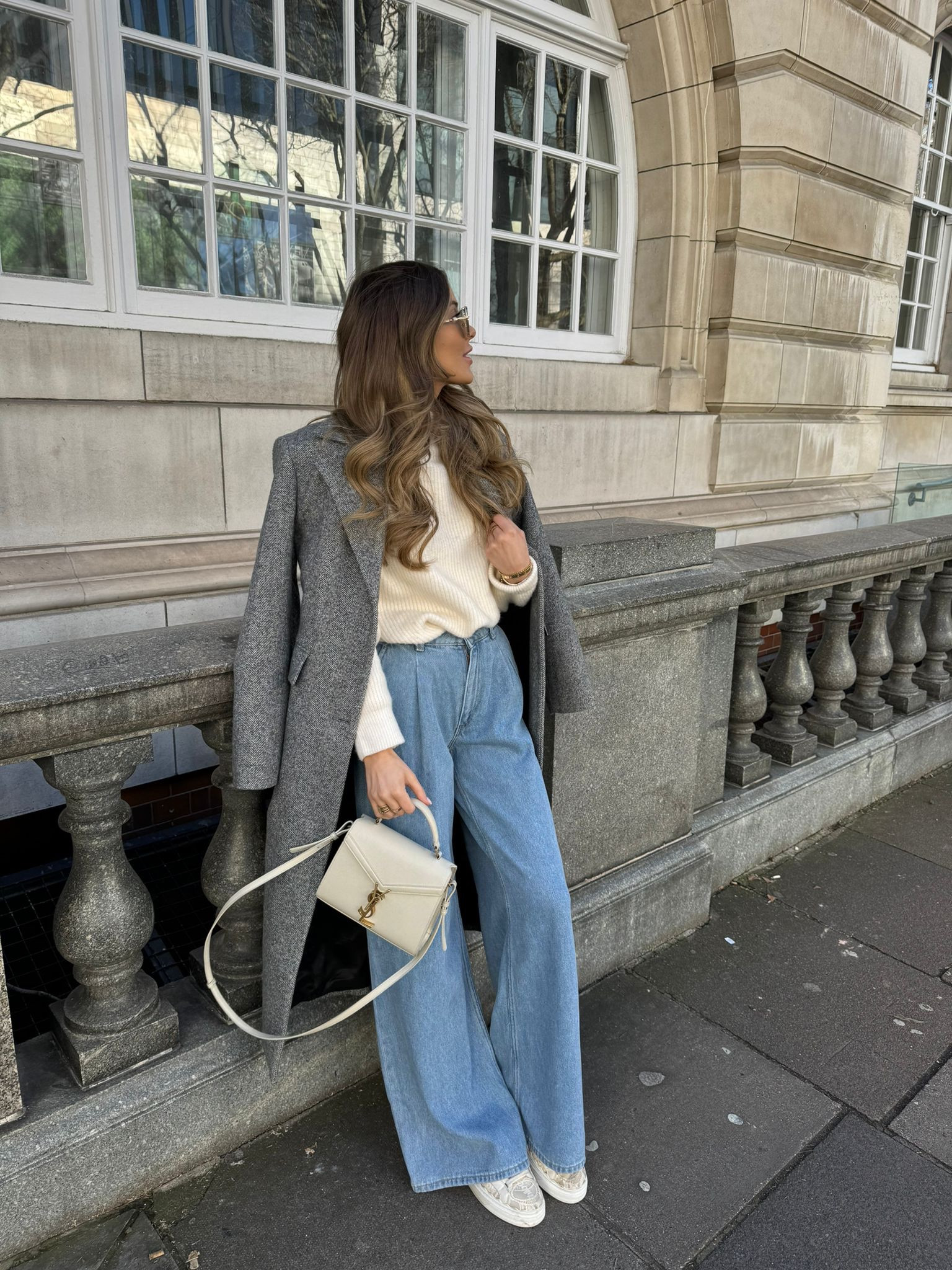 Early spring outfit - H&M blue wide leg jeans, new look cream knit jumper, mango grey coat, Chloe Lauren trainers & ysl handbag  

#LTKstyletip #LTKSeasonal #LTKeurope