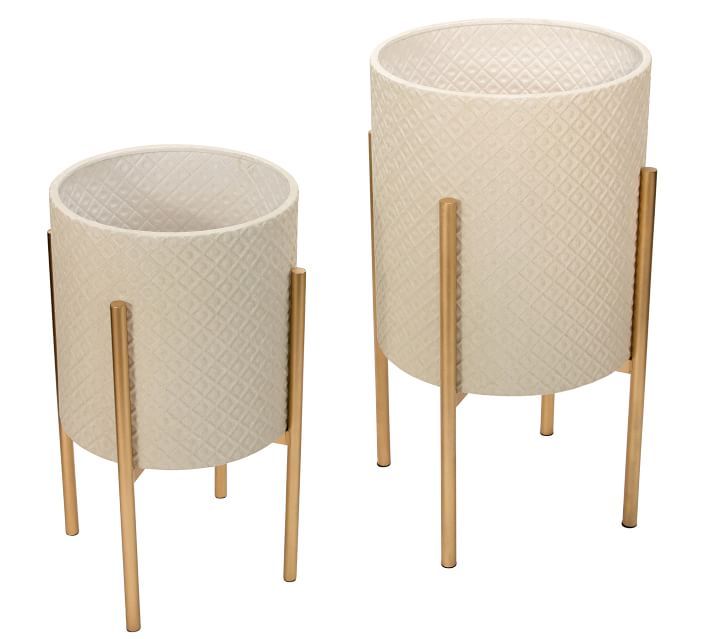 Leah White Patterned Raised Planters with Gold Stand, Set of 2 | Pottery Barn (US)